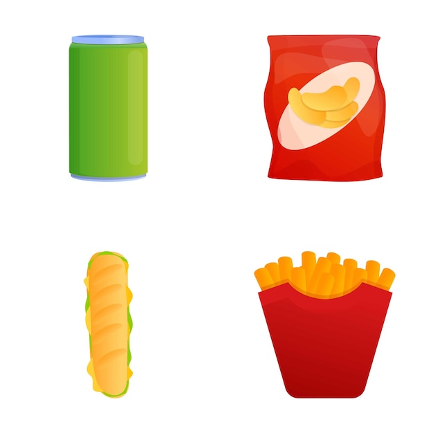 Vector iconos de comida rápida conjuntos de vectores de dibujos animados patatas fritas hot dog chips y bebida enlatada