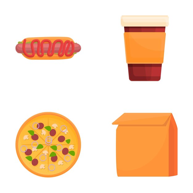 Iconos de comida rápida establecidos en el vector de dibujos animados Pizza para perritos calientes y bebida para llevar
