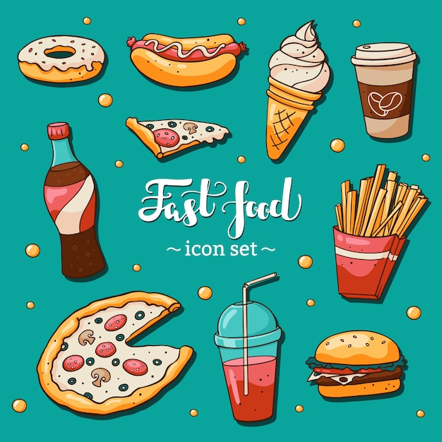 Vector iconos de comida rápida en fondo azul