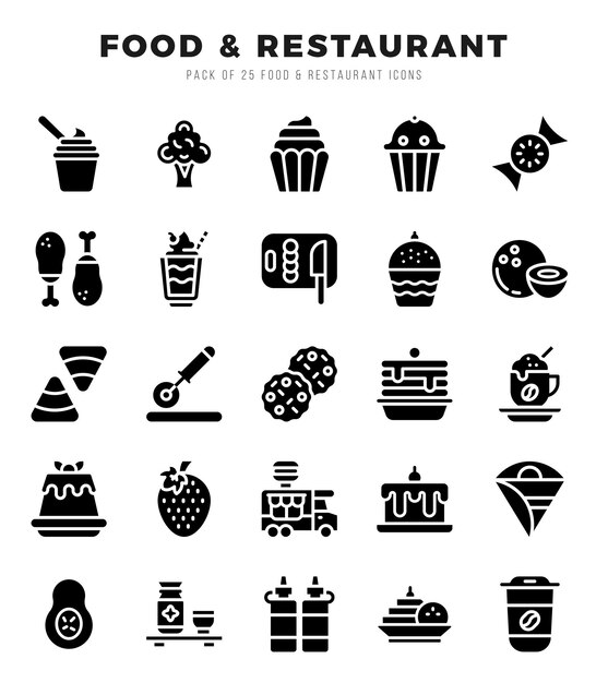 Iconos de comida y restaurante Pack de iconos de glifos conjunto de colección de comida y restaurant