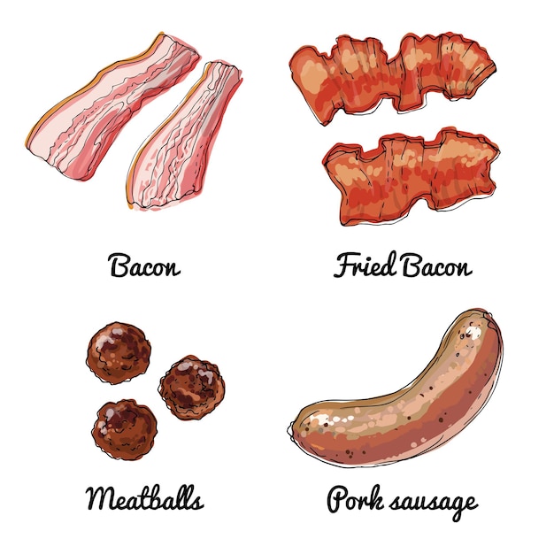 Iconos de comida vectorial de carne bosquejo coloreado de productos alimenticios albóndigas de tocino tocino frito salchicha de cerdo