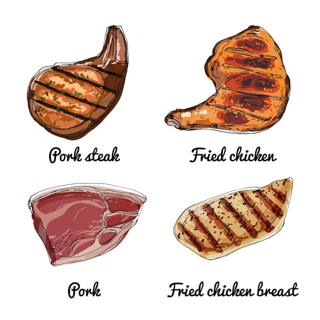 Vector iconos de comida vectorial de carne bosquejo coloreado de productos alimenticios filete de cerdo pollo frito cerdo