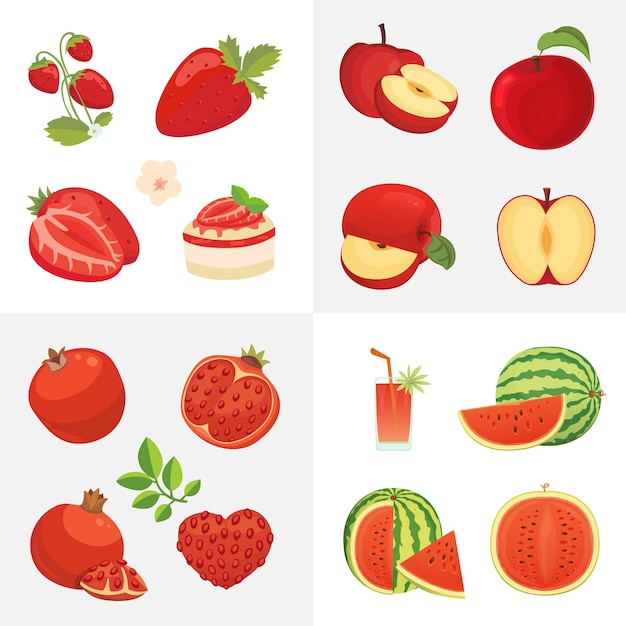 Iconos de comida vegetariana en estilo de dibujos animados. Frutas orgánicas frescas de color rojo. Cosecha afrutada saludable.