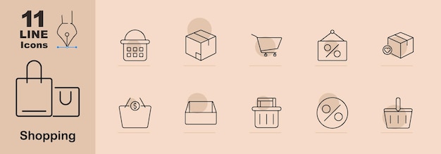 Iconos de compras Calculadora caja de paquetes carrito de compras etiqueta de descuento canasta dinero caja vacía bolsa de compras porcentaje venta de caja de producto Ilustraciones de comercio electrónico lineal