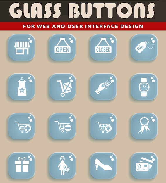 Iconos de compras y comercio electrónico en botones de vidrio para el diseño de la interfaz de usuario