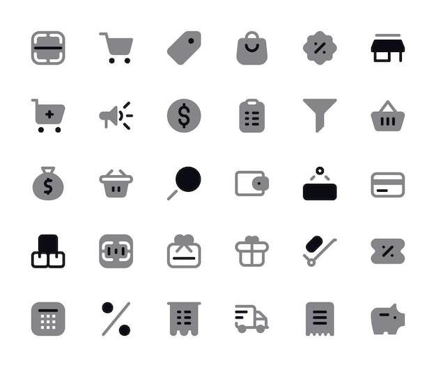 Iconos de compras Conjunto de gráficos vectoriales llenos de estilo Duotone para el comercio electrónico