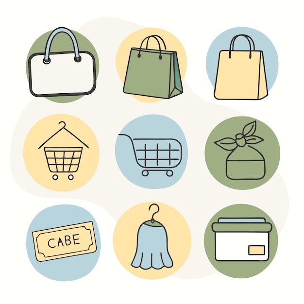 Iconos de compras dibujados a mano con bolsas, colgadores de carros, regalos y boletos