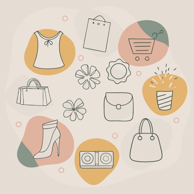 Iconos de compras dibujados a mano en un fondo abstracto