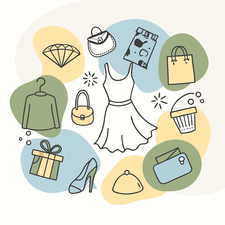 Vector iconos de compras dibujados a mano con formas abstractas en colores pastel