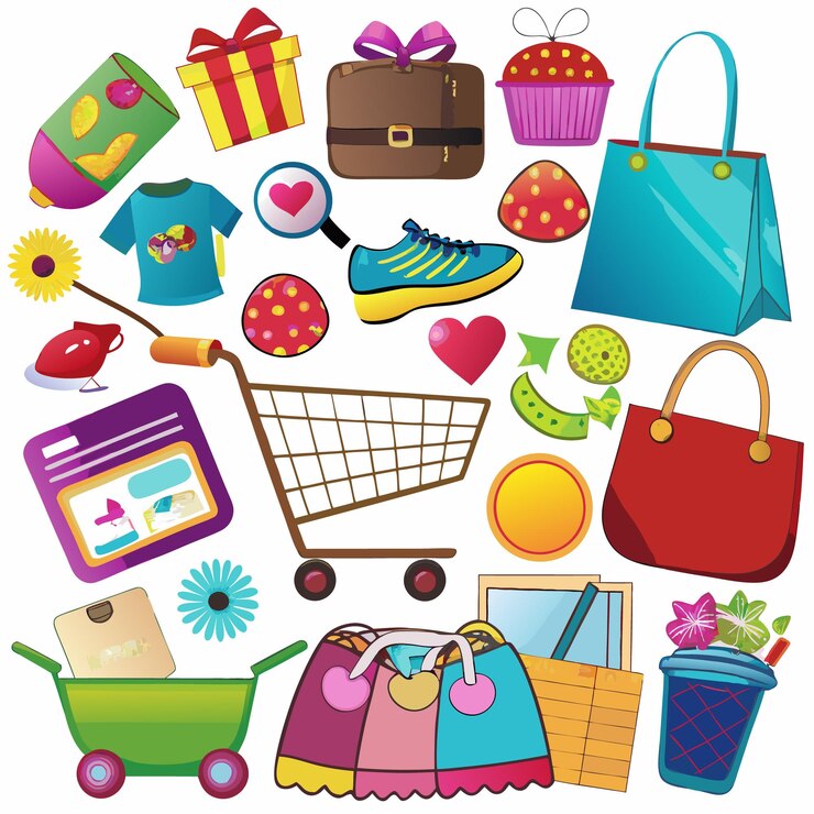 Vector iconos de compras de dibujos animados coloridos con un carrito de compras