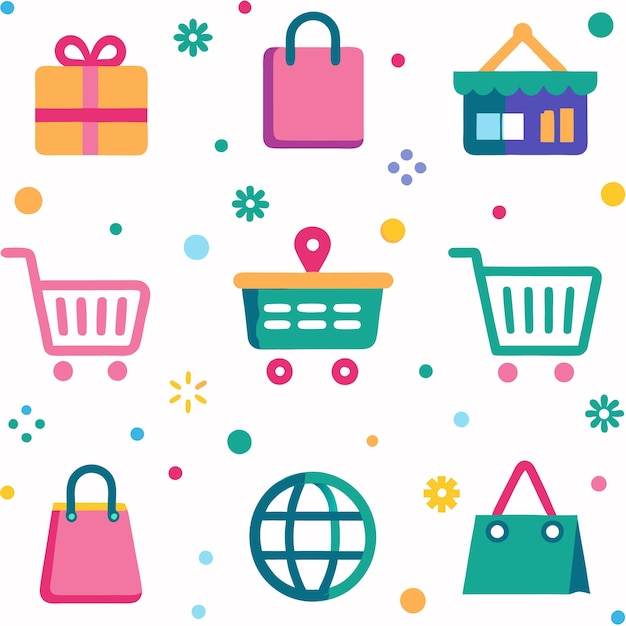 Iconos de compras en línea coloridos con bolsas de compras de cajas de regalos, carrito de compras y globo
