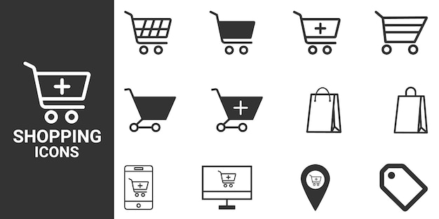 Iconos de compras en línea conjunto de carros símbolo contorno estilo ilustración diseño vectorial