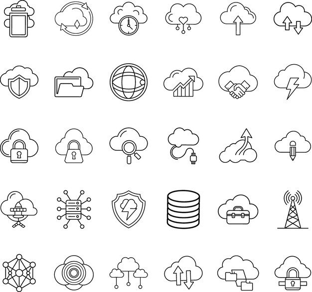 Iconos de computación en la nube Almacenamiento y transferencia de datos de seguridad de red