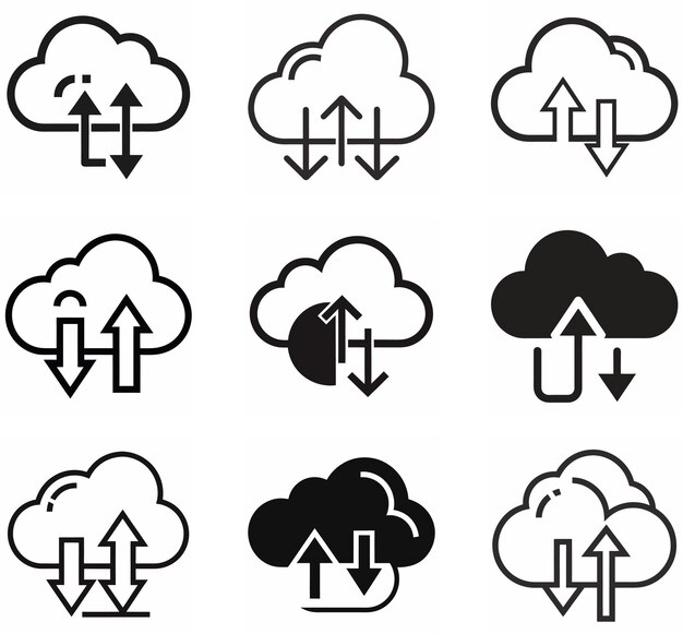 Iconos de computación en la nube que muestran cargas y descargas