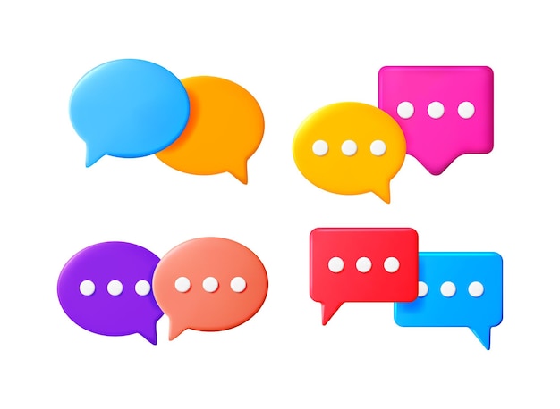 Iconos de comunicación de burbuja de chat 3D coloridos con puntos de mensaje