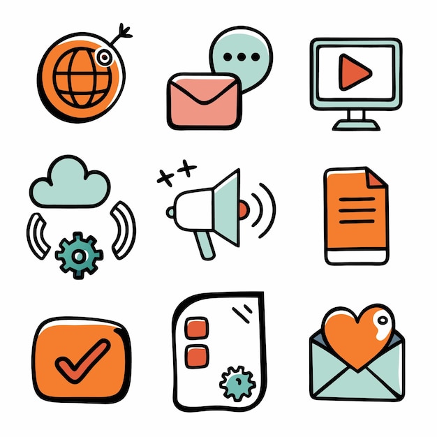 Iconos de comunicación y medios aislados sobre un fondo blanco