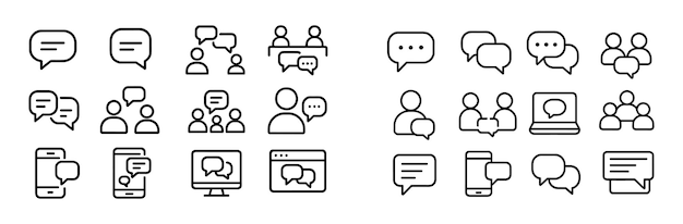 Iconos de comunicación que representan conversaciones en varios dispositivos y entornos en la sociedad moderna