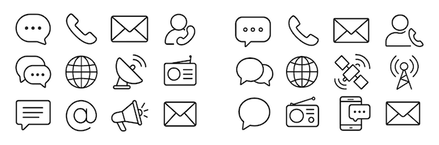 Iconos de comunicación que representan varios tipos de mensajes y plataformas de medios en un diseño moderno