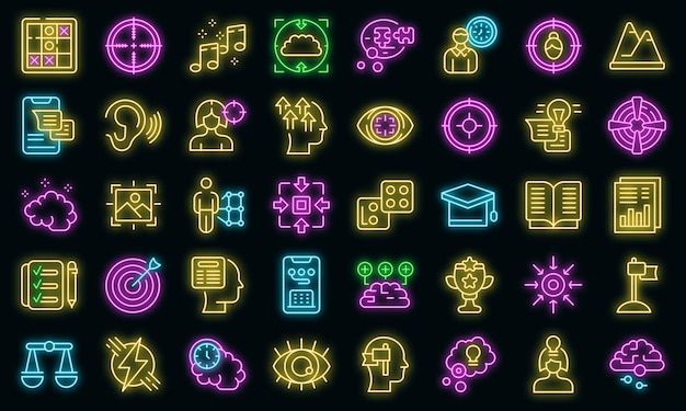 Los iconos de concentración de atención establecen vector de contorno. Enfoque en la meta. Administrar tiempo
