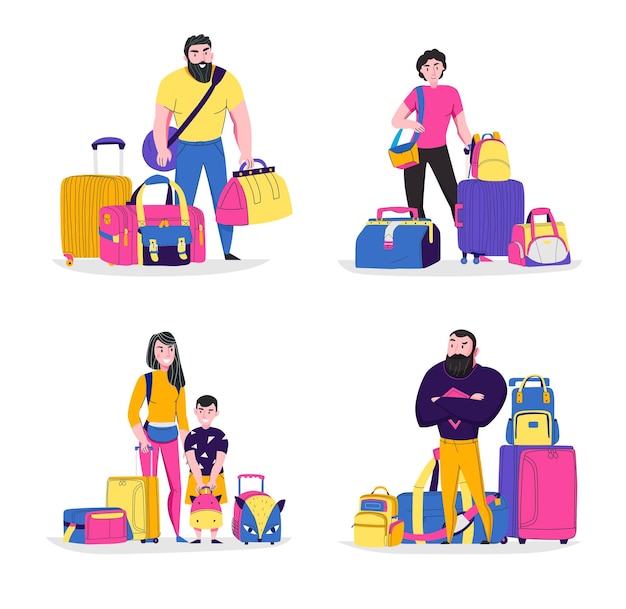 Iconos de concepto de bolsas de viaje con símbolos de turismo plano aislado
