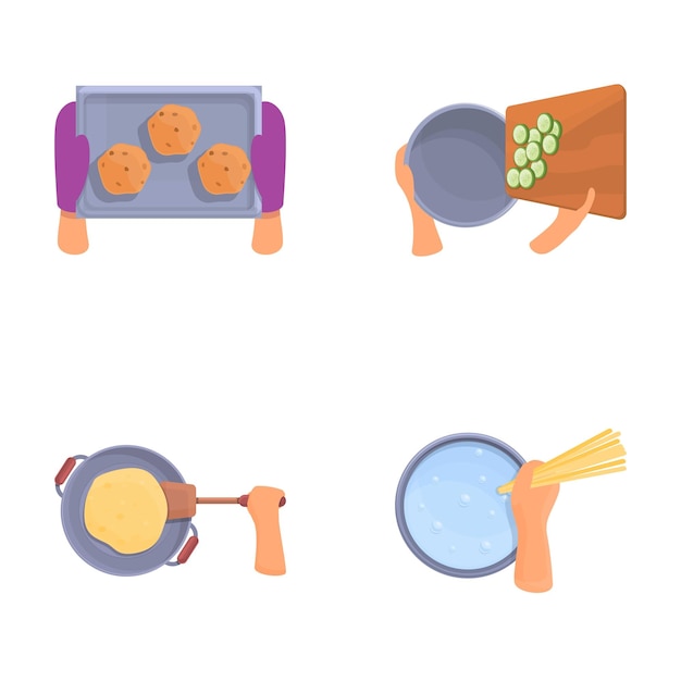 Iconos de concepto de cocina conjunto vector de dibujos animados Preparar comida a mano