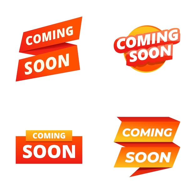 Iconos de concepto promocional conjunto vector de dibujos animados pegatina roja y etiqueta en breve