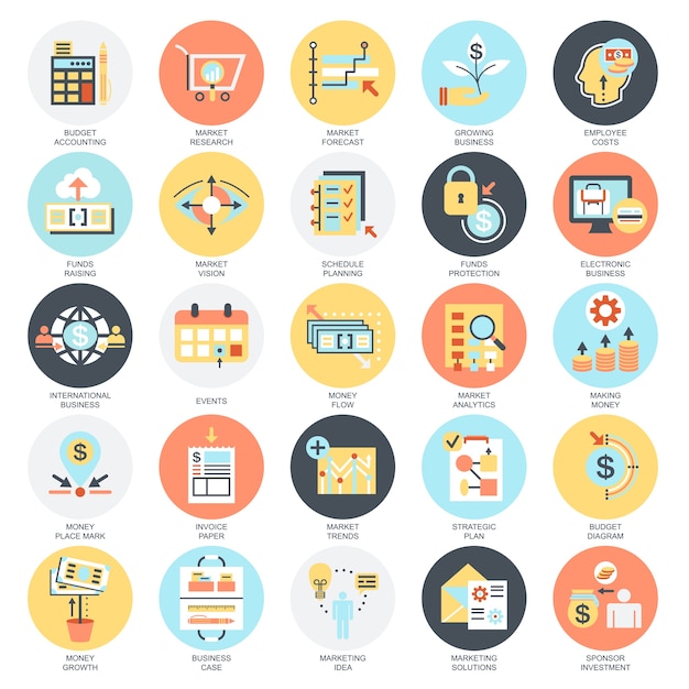 Iconos conceptuales planas conjunto de mercado y economía, servicios financieros, ahorro de dinero.