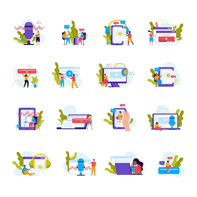 Iconos conceptuales planos de podcast con aparatos y personas que usan auriculares ilustraciones vectoriales aisladas