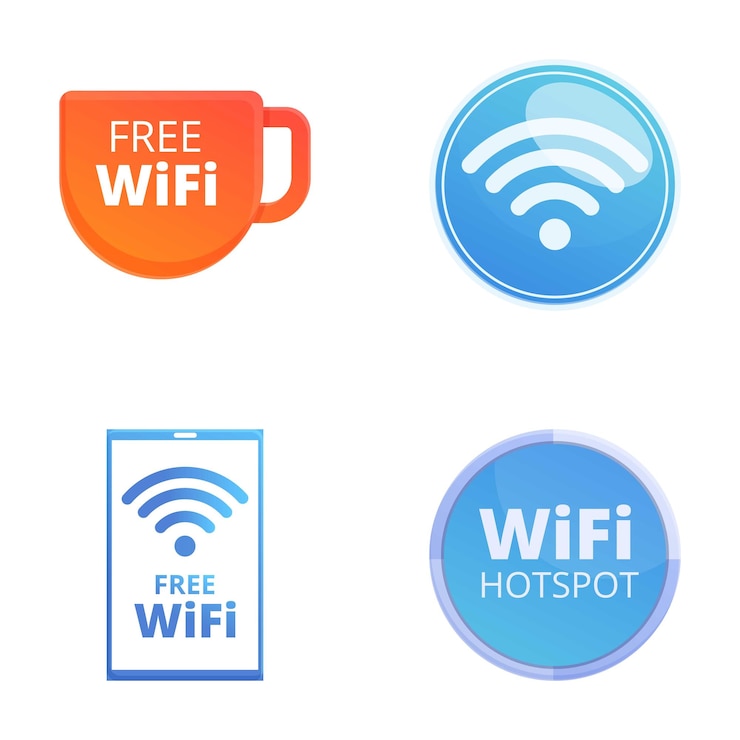 Vector iconos de conexión wi-fi configurado vector de dibujos animados punto de acceso wi-fi inalámbrico y gratuito