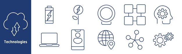 Iconos de configuración de tecnologías Conexión de engranajes batería energía verde mecanismo de localización del globo nube carga interfaz de usuario de portátil diagrama de conexión cabeza con engrenajes