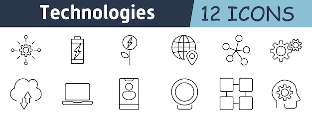 Iconos de configuración de tecnologías Conexión de engranajes batería energía verde mecanismo de localización del globo nube carga interfaz de usuario de portátil diagrama de conexión cabeza con engrenajes