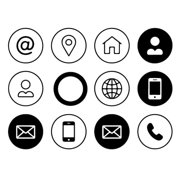Iconos Configurar correo electrónico Ubicación Inicio Contacto Usuario Sitio web y teléfonos Símbolos