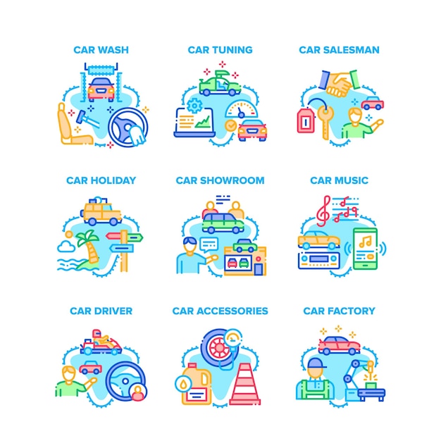 Iconos de conjunto de accesorios de coche