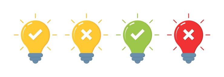 Iconos del conjunto de bombillas Iconos de aprobación y cancelación Icones de silueta y estilo plano Iconos vectoriales