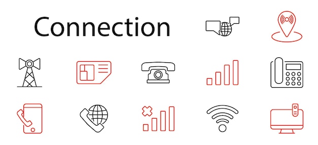 Iconos de conjunto de conexión: barras de señal telefónica, torre, tarjeta SIM, llamada a Internet, telefonía móvil, comunicación, tecnología inalámbrica, dispositivo de conexión, red digital, datos, conectividad global.