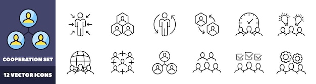 Iconos del conjunto de cooperación Iconos de trabajo en equipo Iconos vectoriales de estilo lineal