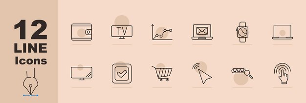 Iconos de conjunto de dispositivos digitales Billetera TV gráfico correo electrónico reloj inteligente portátil monitor de escritorio marca de comprobación carrito de compras flecha cursor contraseña pantalla táctil