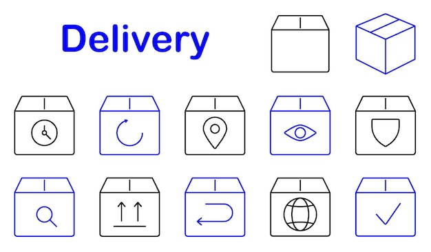 Iconos de conjunto de entrega Reloj de caja actualización de ubicación seguimiento de seguridad envío global paquete devolución tiempo de entrega logística pedido en línea distribución de paquetes transporte manejo de comercio electrónico