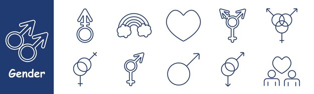 Iconos de conjunto de género Símbolos masculinos y femeninos Corazón arco iris LGBTQ Igualdad de género Amor, identidad, inclusión, relación, sexualidad, orgullo, símbolos de unidad de género, roles de género, relaciones.