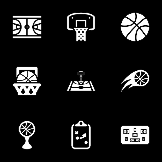 Iconos para el conjunto de iconos vectoriales de baloncesto de tema Fondo negro