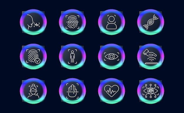 Iconos de conjunto de identificación Análisis de voz Reconocimiento de huellas dactilares Escaneo de verificación Señal de ADN Ojo retina ocular Análisis del latido del corazón Mano rostro ID rostro Glassmorphism silueta humana