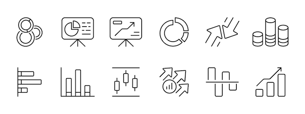 Iconos de conjunto de infografías de gráficos Inversiones en bolsa de valores Proporción de información Diagramas de declive Crecimiento de las ganancias Búsqueda de secciones de estadísticas Concepto de negociación de bolsa Icon de línea vectorial