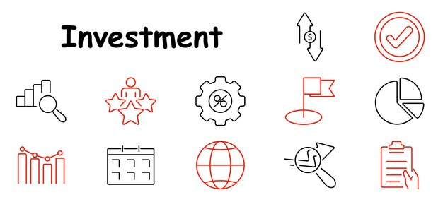 Iconos de conjunto de inversiones Gráfico de crecimiento Magnificador porcentaje objetivo gráfico de pastel global Lista de comprobación calendario bandera análisis de calificación objetivos ganancias
