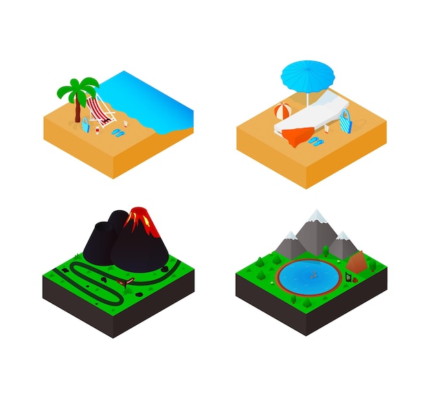 Iconos de conjunto isométrico de viaje Varios tipos de recreación Mar orilla playa volcán montañas