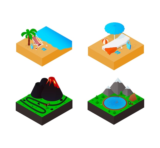 Iconos de conjunto isométrico de viaje varios tipos de recreación mar orilla playa volcán montañas