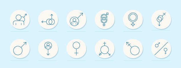 Iconos de conjunto masculino y femenino Personas con símbolos de género Diversidad de género Equilibrio masculino y feminino Dirección flechas símbolos entrelazados Representan roles de género e inclusión social