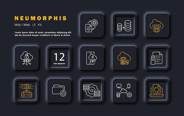 Iconos de conjunto de minería Protección de contraseña en la nube Archivo de unidad flash de bitcoin Calculadora de porcentaje de ganancias Configuración de carga a conexiones en la nube Estilo de neomorfismo Icono de línea vectorial