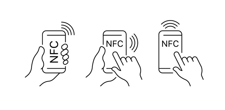 Iconos de conjunto NFC Iconos del teléfono en la mano Iconos lineales Iconos vectoriales