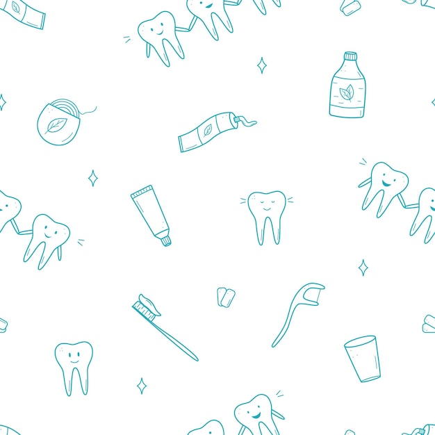 Iconos de conjunto de odontología con patrón sin costuras Ilustración vectorial de elementos para el tratamiento y el cuidado de los dientes Papel de pared de fondo
