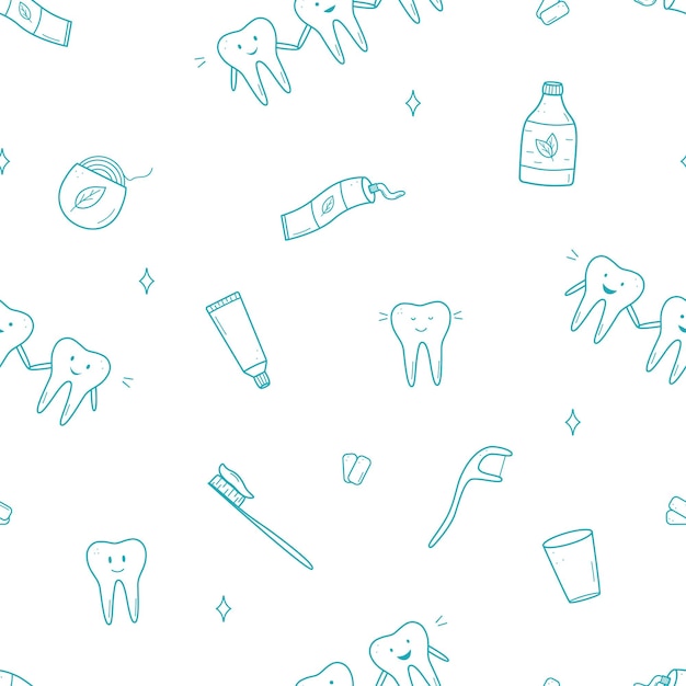 Vector iconos de conjunto de odontología con patrón sin costuras ilustración vectorial de elementos para el tratamiento y el cuidado de los dientes papel de pared de fondo